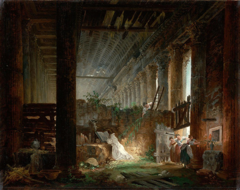 Hubert Robert reprodukcija A Hermit Praying in the Ruins of a Roman Temple (about 1760), VISOS REPRODUKCIJOS , paveikslai, re...