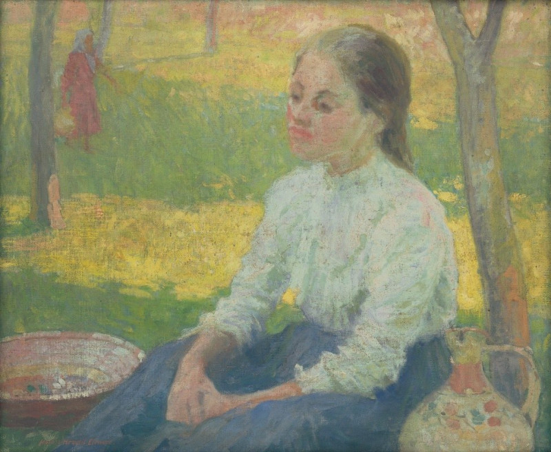 Peasant Girl in a Garden (1910) reproduction of painting by Elemír Halász-Hradil. ALL GICLEE PRINTS