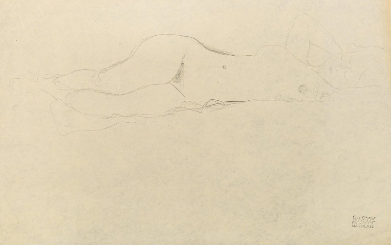 Reclining female nude with her hands behind her head reproduction of painting by Gustav Klimt. Nude