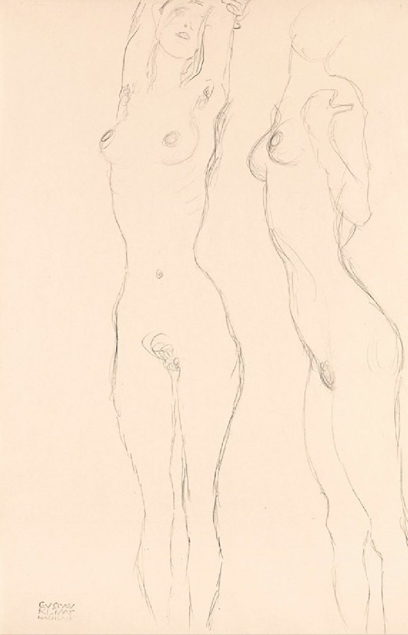 Two Nudes, the Left One with Raised Arms (1916-1917) reproduction of painting by Gustav Klimt. Nude