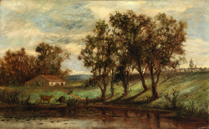 Edward Mitchell Bannister reprodukcija Untitled (man with cows grazing near pond with house and trees in background), VISOS R...