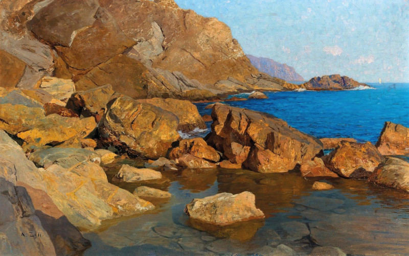 Felsige Küste bei Nervi in Abendsonne reproduction of painting by Alfred Zoff. ALL GICLEE PRINTS