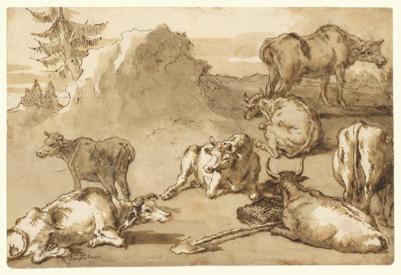 Cattle in a Landscape (mid-18th–early 19th century) reproduction of painting by Giovanni Domenico Tiepolo. ALL GICLEE PRINTS