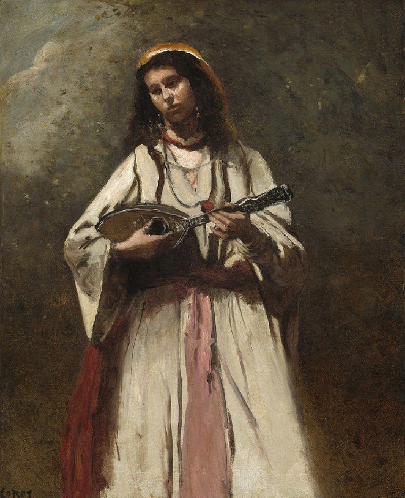 Gypsy Woman with Mandolin (c. 1870) reproduction of painting by Jean-Baptiste-Camille Corot. ALL GICLEE PRINTS