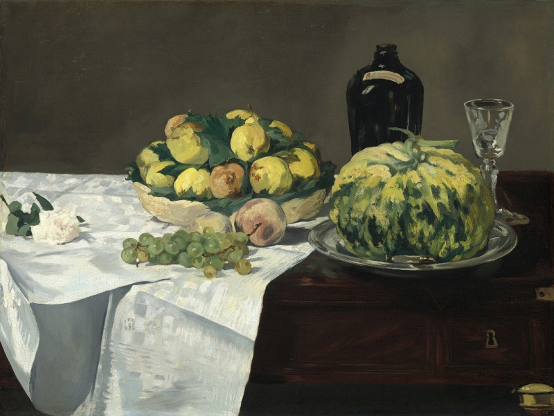 Edouard Manet reprodukcija Still Life with Melon and Peaches (c. 1866), Natiurmortas , paveikslai, reprodukcijos internetu