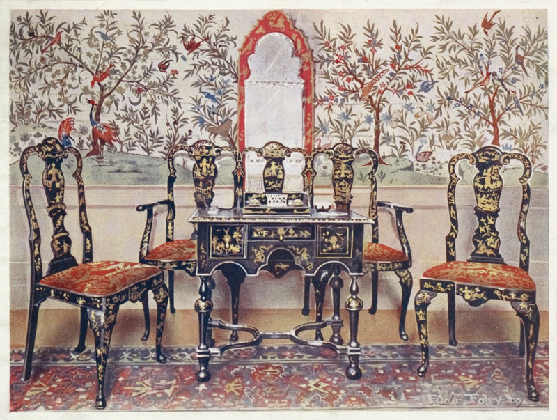 Black lacquer settee, chairs and table, red lacquer mirror (1910 - 1911) reproduction of painting by Edwin Foley. ALL GICLEE ...