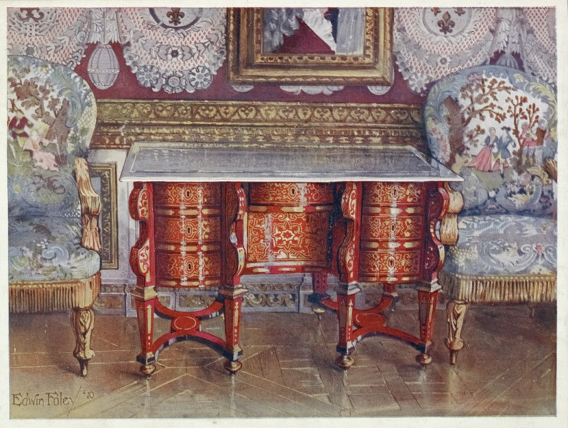 Kneehole writing table in red tortoiseshell. Lacquer steel top. Boulle. Gilt fauteuils, upholstered in tapestry (1910 - 1911)...