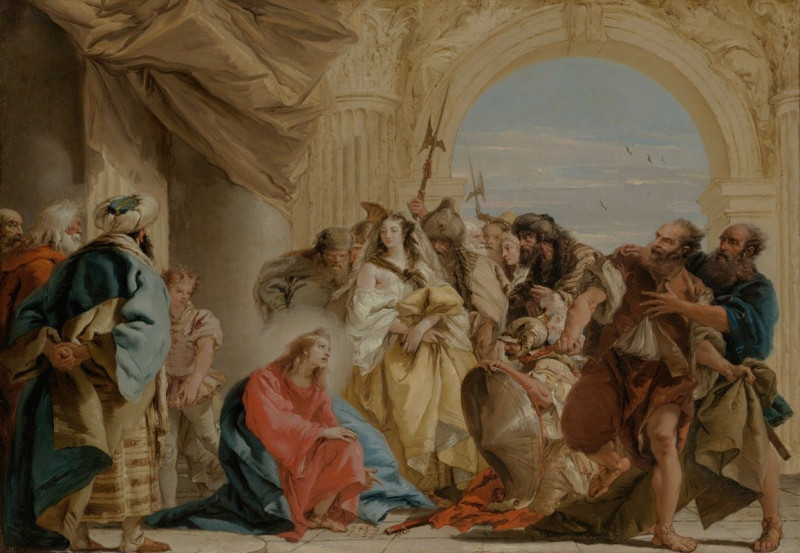 Christ and the Woman Taken in Adultery (1752) reproduction of painting by Giovanni Domenico Tiepolo. ALL GICLEE PRINTS