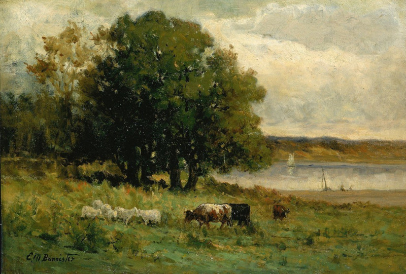 Untitled (cattle near river with sailboat in distance) reproduction of painting by Edward Mitchell Bannister. ALL GICLEE PRINTS