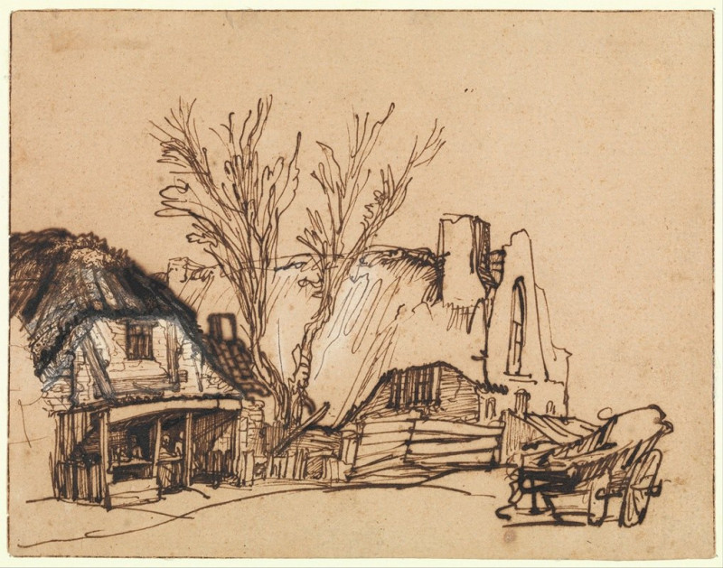 Two Cottages (ca. 1636) reproduction of painting by Rembrandt van Rijn. ALL GICLEE PRINTS