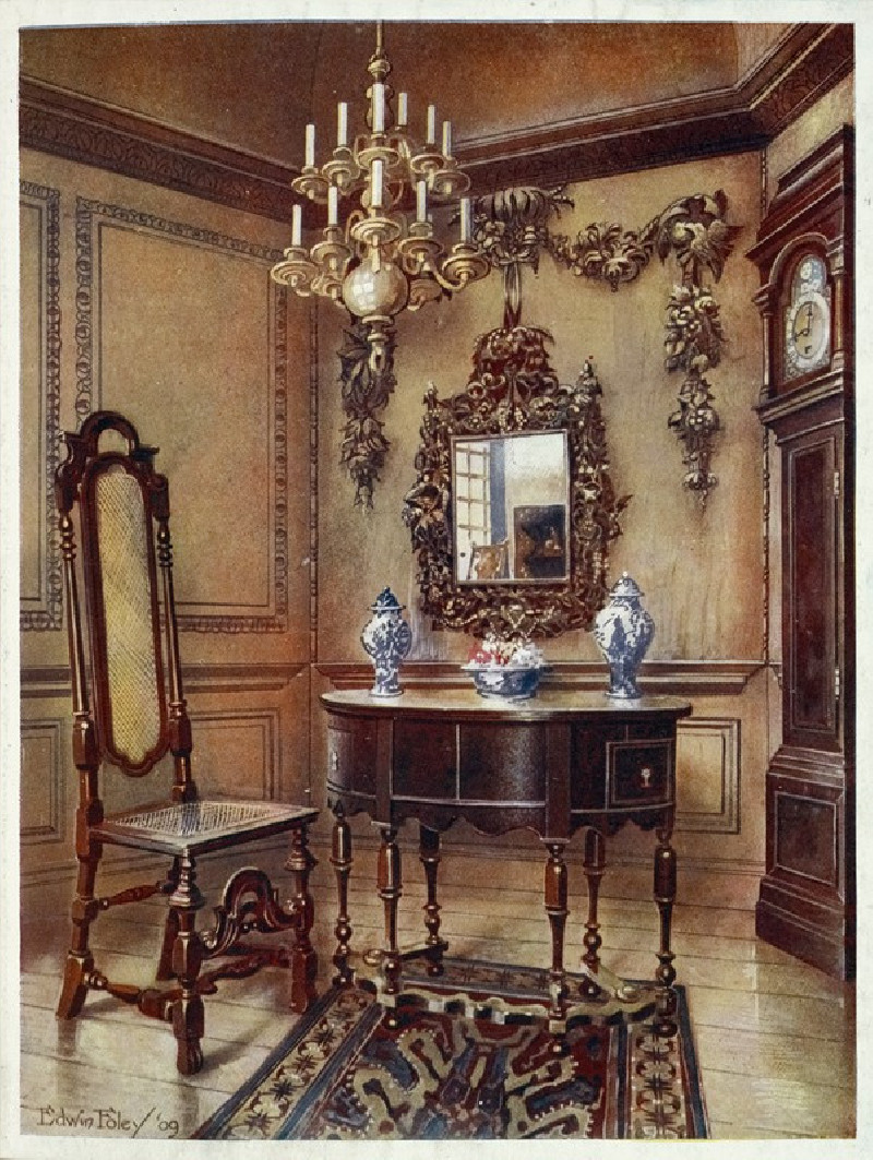 Panelling, from an old house, Mirror frame, Walnut table, walnut chair, Walnut high-case clock (1910 - 1911) reproduction of ...