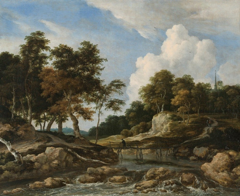 A Wooded River Landscape With A Bridge, A Church Beyond reproduction of painting by Jacob van Ruisdael. ALL GICLEE PRINTS