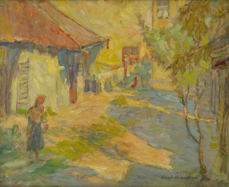 In the yard (1940–1945) reproduction of painting by Elemír Halász-Hradil. ALL GICLEE PRINTS