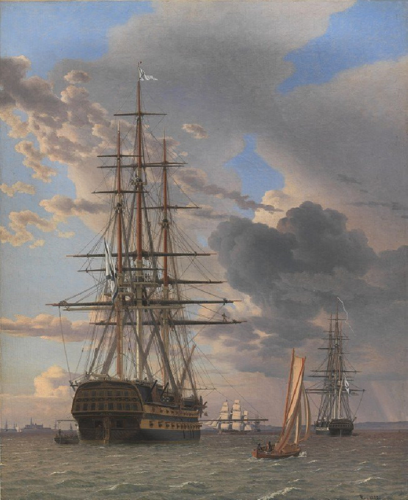 The Russian Ship of the Line ‘Asow’ and a Frigate at Anchor near Elsinore (1828) reproduction of painting by Christoffer Wilh...