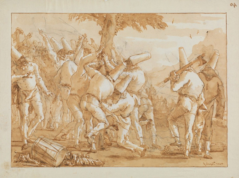 Punchinellos Felling (or Planting) a Tree (late 18th–early 19th century) reproduction of painting by Giovanni Domenico Tiepol...