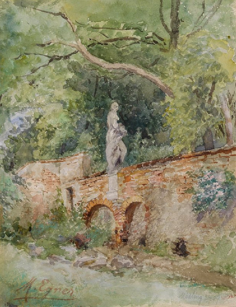 Ziegelbrücke mit einer Steinfigur Mödling (1899) reproduction of painting by Marie Egner. ALL GICLEE PRINTS