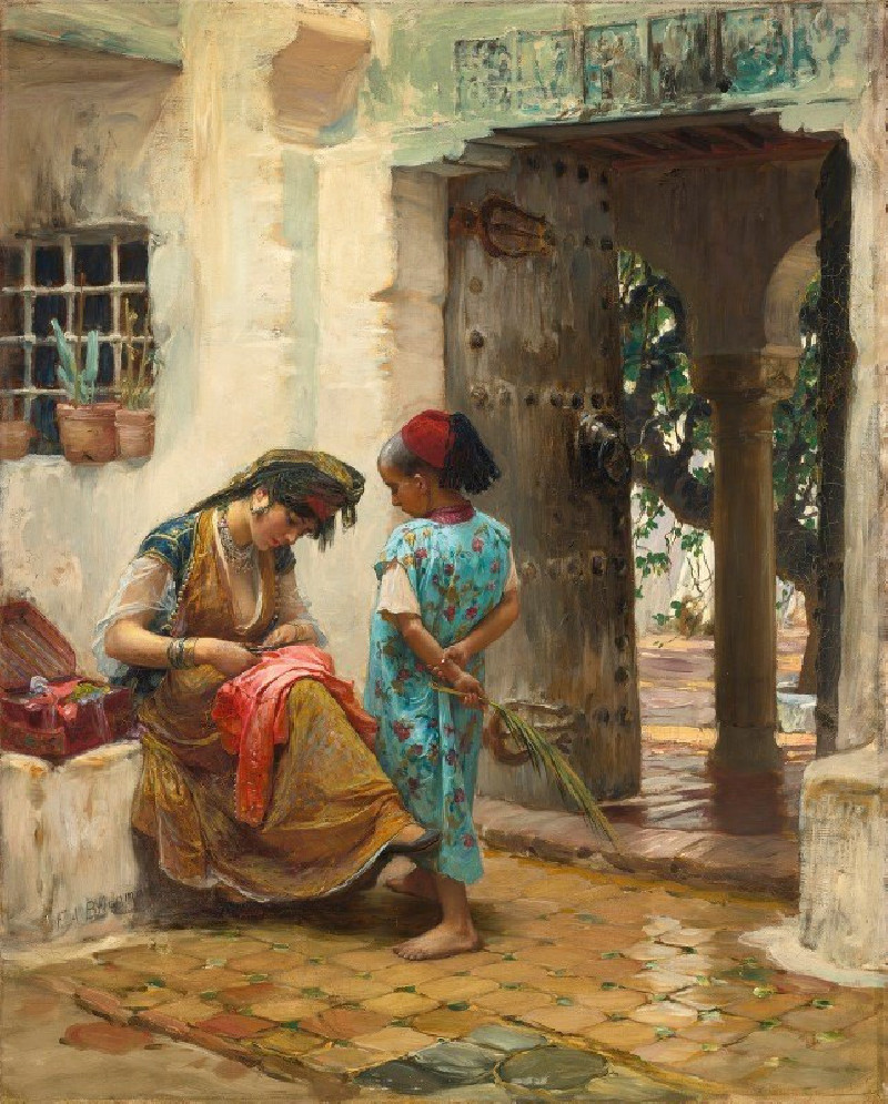 Frederick Arthur Bridgman reprodukcija The Sewing Lesson, VISOS REPRODUKCIJOS , paveikslai, reprodukcijos internetu