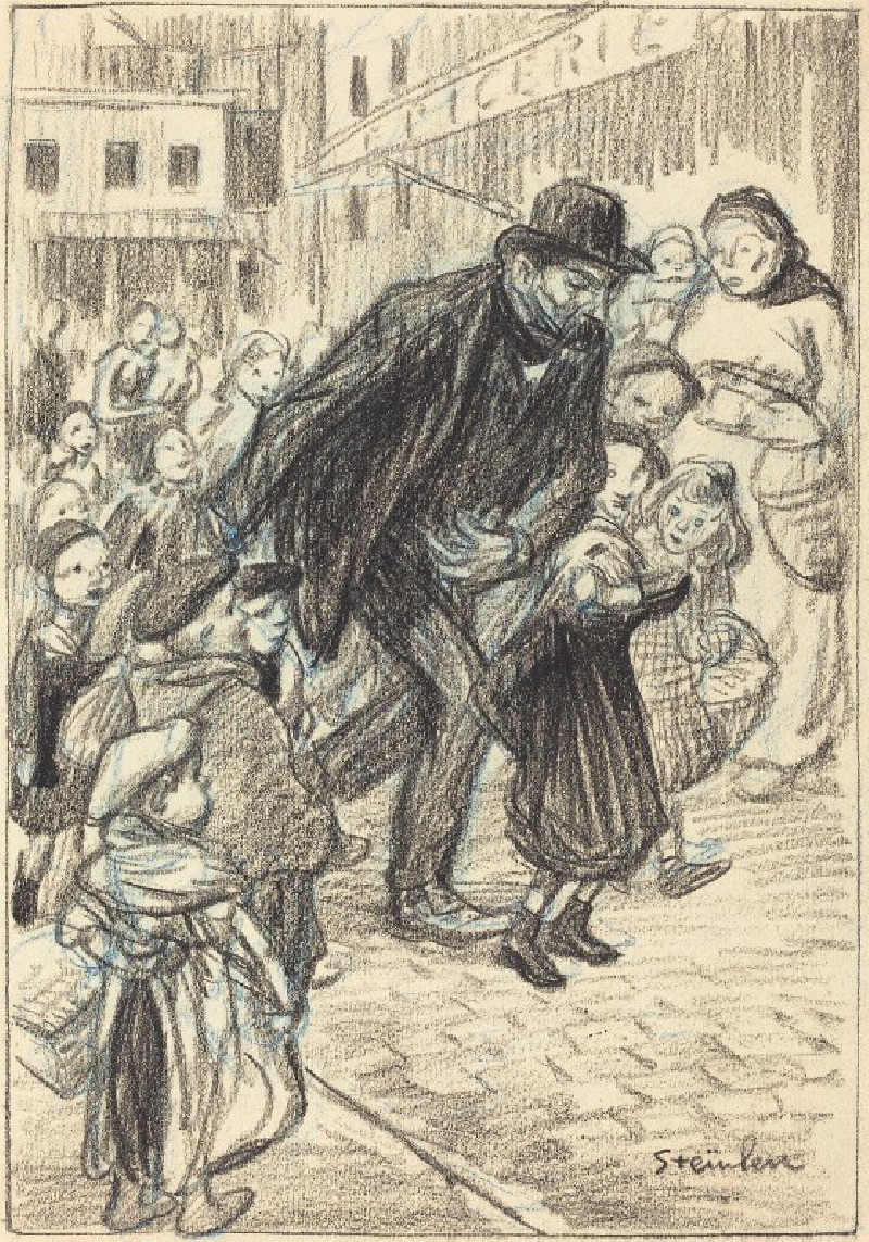 A Man on a City Street, Surrounded by Children (Un Père) reproduction of painting by Théophile Alexandre Steinlen. ALL GICLEE...