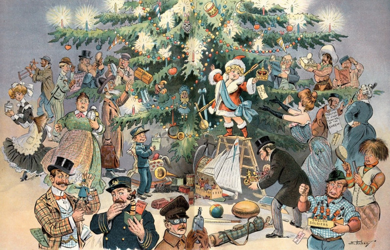 Puck’s Christmas tree (1902) reproduction of painting by Samuel Ehrhart. ALL GICLEE PRINTS