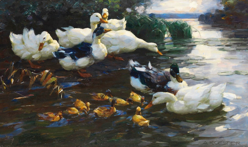 Enten mit Küken im Wasser (1905-1910) reproduction of painting by Alexander Koester. ALL GICLEE PRINTS