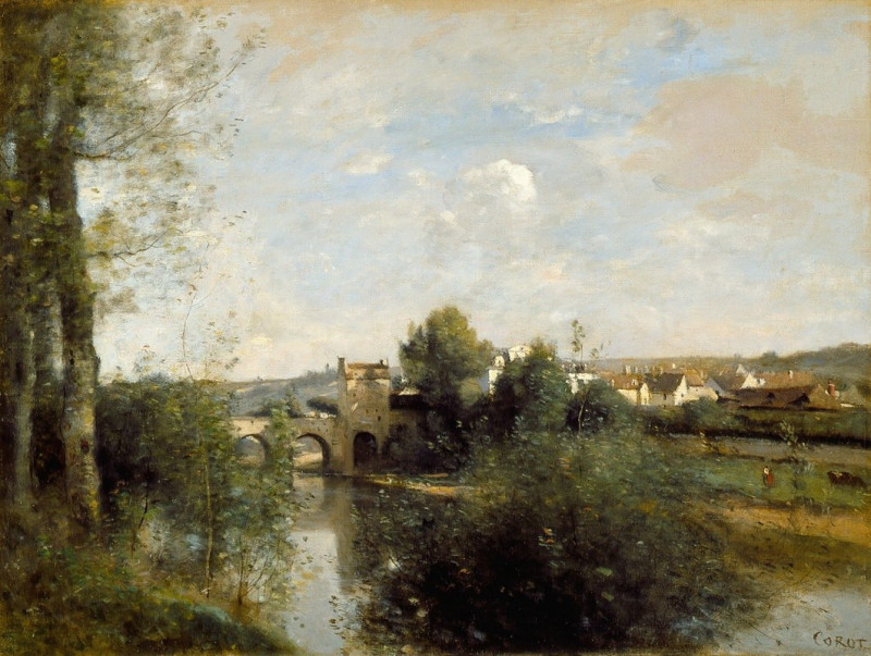 Seine and Old Bridge at Limay (1872) reproduction of painting by Jean-Baptiste-Camille Corot. ALL GICLEE PRINTS