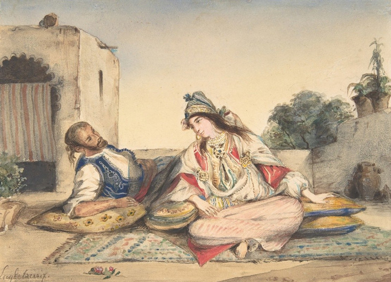 A Moroccan Couple on Their Terrace (1832) reproduction of painting by Eugène Delacroix. ALL GICLEE PRINTS