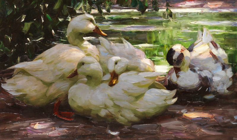 Enten am Ufer (Ca. 1910) reproduction of painting by Alexander Koester. ALL GICLEE PRINTS