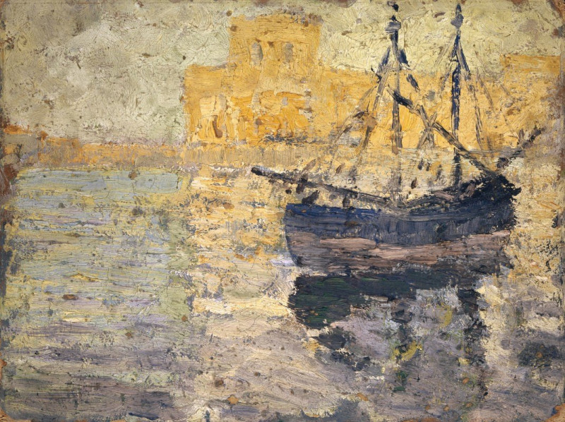 Harbour with Sailing Boat reproduction of painting by Ernst Schiess. ALL GICLEE PRINTS