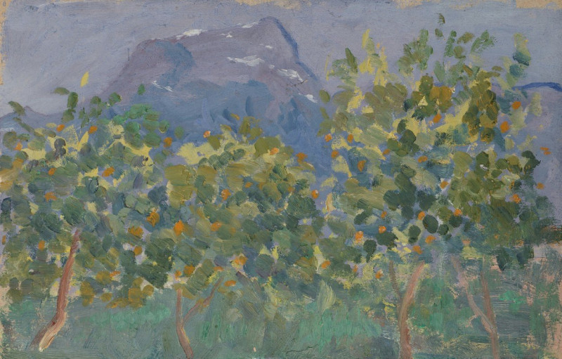 Orange Trees and Distant Mountain reproduction of painting by Ernst Schiess. ALL GICLEE PRINTS