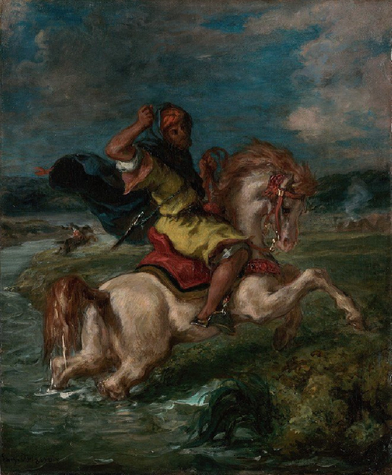 Moroccan Horseman Crossing a Ford (1850) reproduction of painting by Eugène Delacroix. ALL GICLEE PRINTS