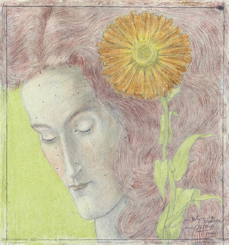 Vrouwenkop met rossig haar en Chrysant (1896) reproduction of painting by Jan Toorop. ALL GICLEE PRINTS