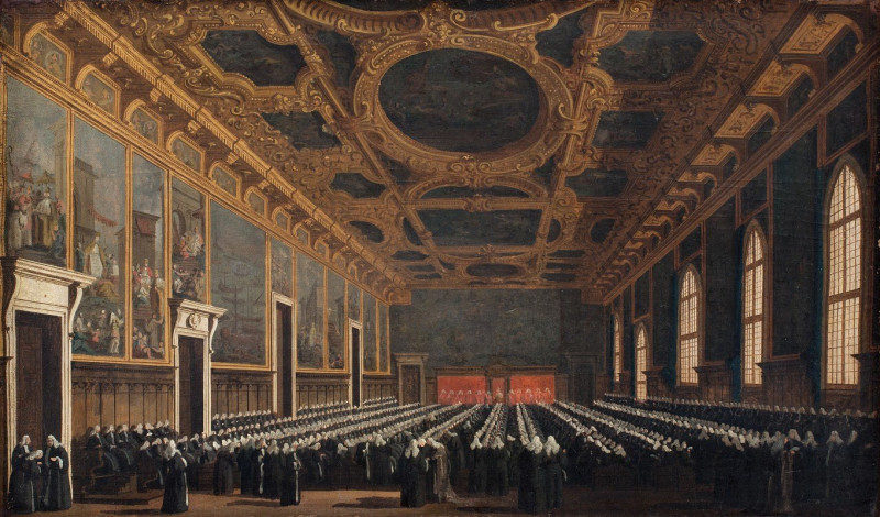 The Doge And Grand Council In Sala Del Maggior Consiglio (1761 – 1765) reproduction of painting by Canaletto. ALL GICLEE PRINTS