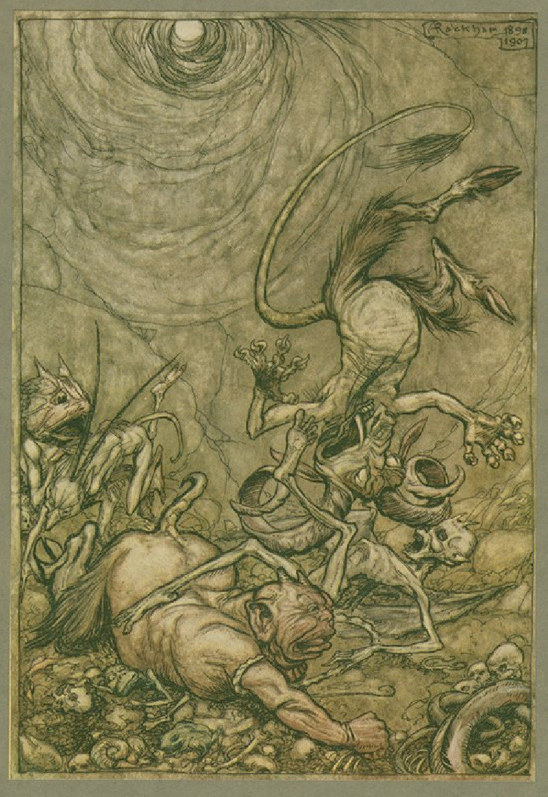 Into the bottomless pit he fell slap. (1911) reproduction of painting by Arthur Rackham. ALL GICLEE PRINTS