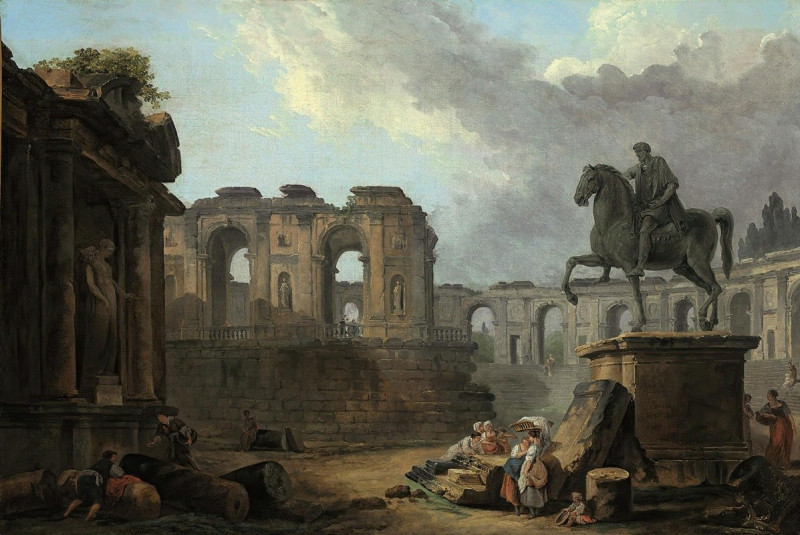 A Roman capriccio with washerwomen by the Statue of Marcus Aurelius reproduction of painting by Hubert Robert. ALL GICLEE PRINTS