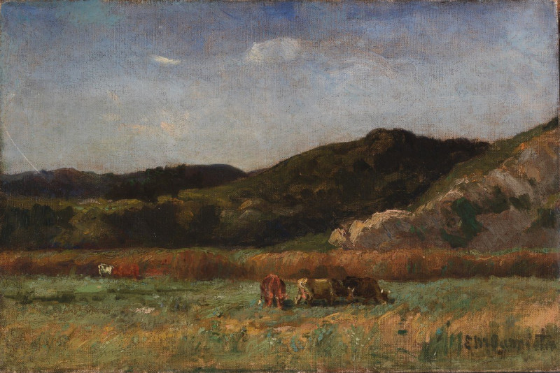 Untitled (landscape with cows grazing, hills) (1891) reproduction of painting by Edward Mitchell Bannister. ALL GICLEE PRINTS