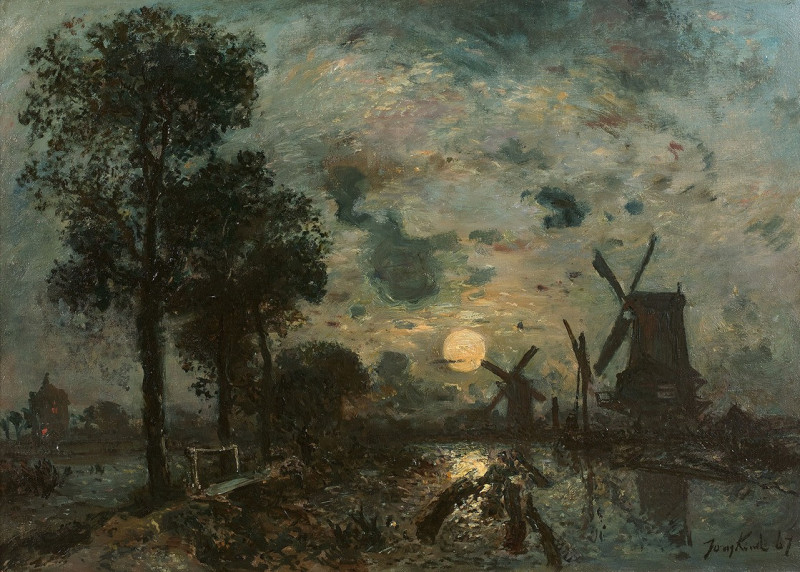 Moulins au clair de lune, Schiedam reproduction of painting by Johan Barthold Jongkind. ALL GICLEE PRINTS