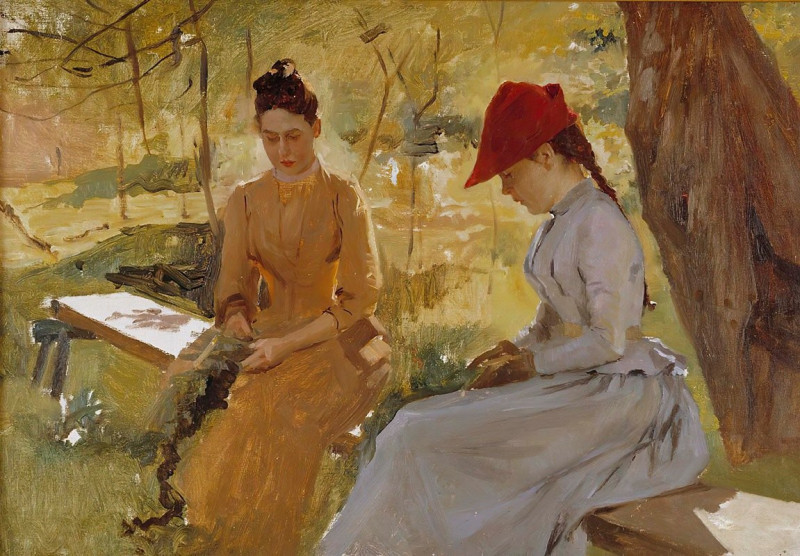 The Artist’s Sisters Annie and Berta Binding Garlands (1886) reproduction of painting by Albert Edelfelt. ALL GICLEE PRINTS