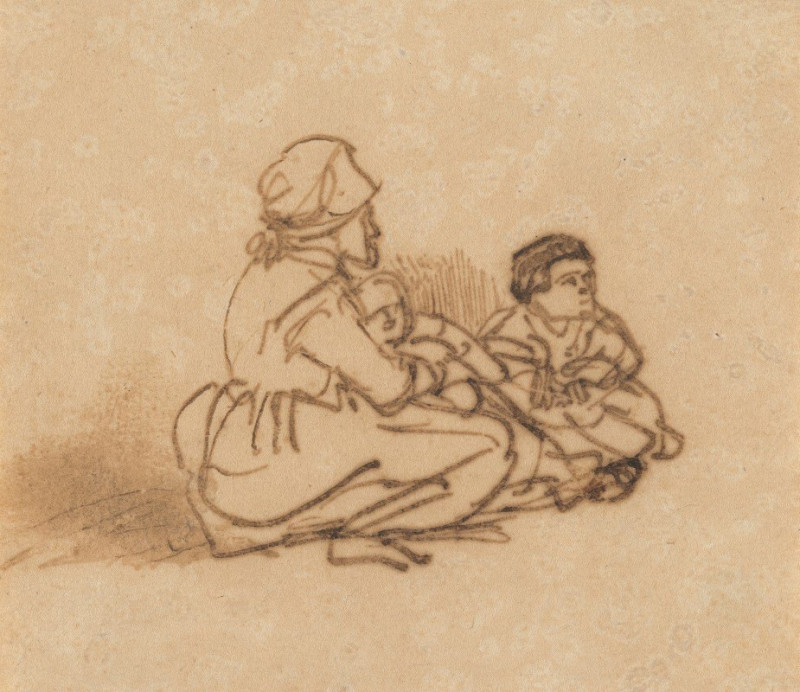 Woman Seated on the Ground with Two Children (1635-1640) reproduction of painting by Rembrandt van Rijn. ALL GICLEE PRINTS