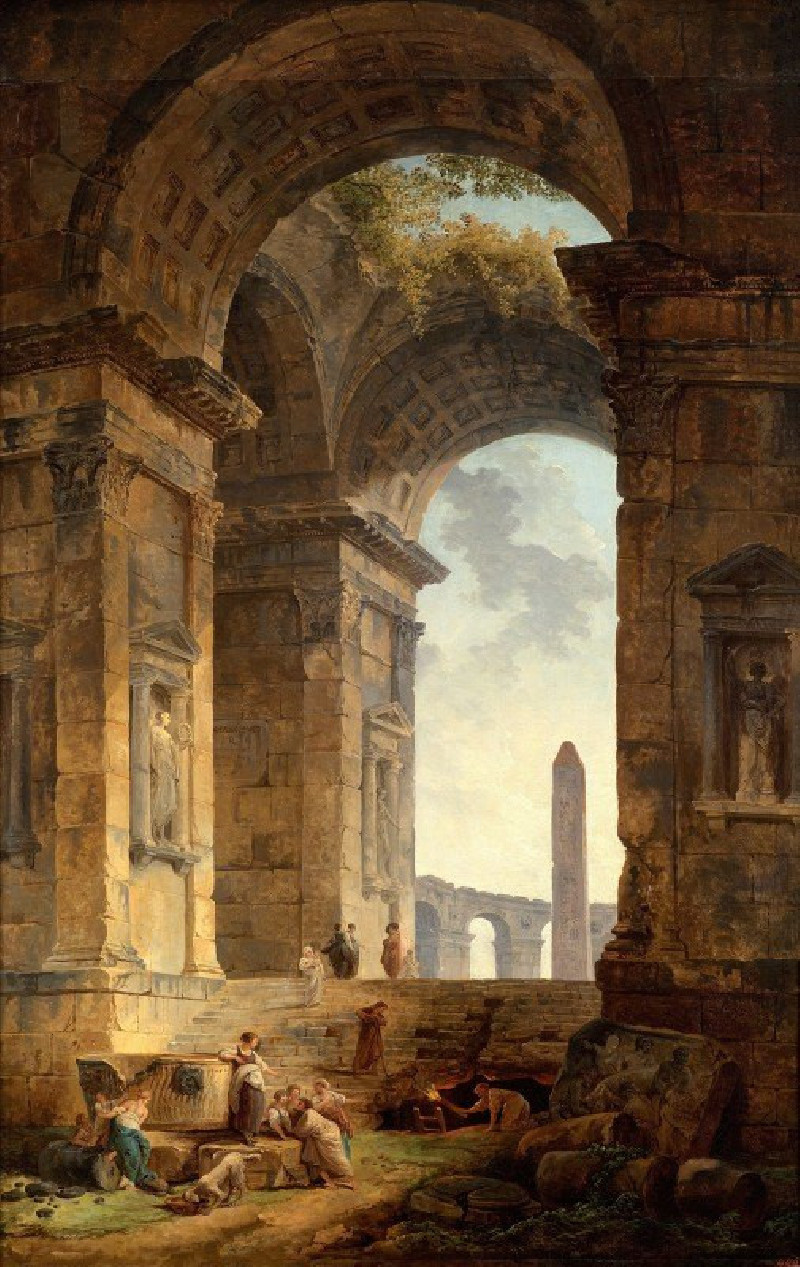 Ruins with an obelisk in the distance reproduction of painting by Hubert Robert. ALL GICLEE PRINTS