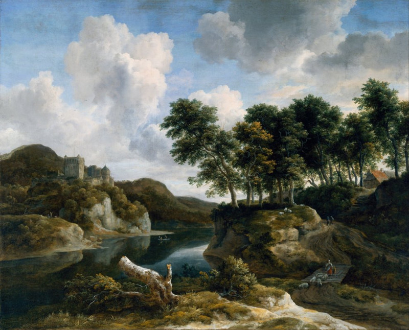 River Landscape with a Castle on a High Cliff (1670-1679) reproduction of painting by Jacob van Ruisdael. ALL GICLEE PRINTS