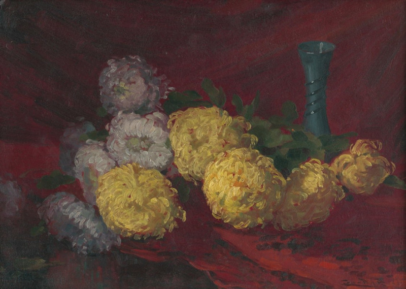 Chrysanthemums on the table (1925) reproduction of painting by Ľudovít Čordák. ALL GICLEE PRINTS