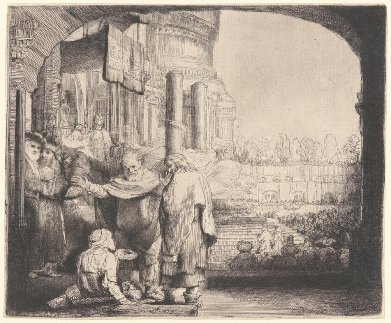 Peter and John Healing the Cripple at the Gate of the Temple (1659) reproduction of painting by Rembrandt van Rijn. ALL GICLE...