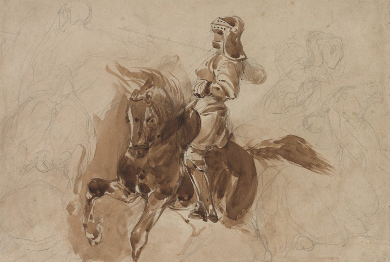 Armored Figure on Horseback (recto) (c. 1828) reproduction of painting by Eugène Delacroix. ALL GICLEE PRINTS