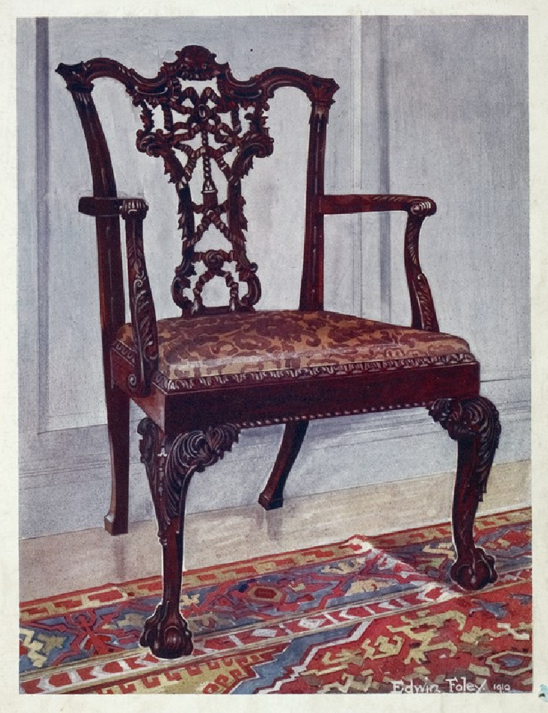 Mahogany arm-chair, style of Chippendale (1910 - 1911) reproduction of painting by Edwin Foley. ALL GICLEE PRINTS