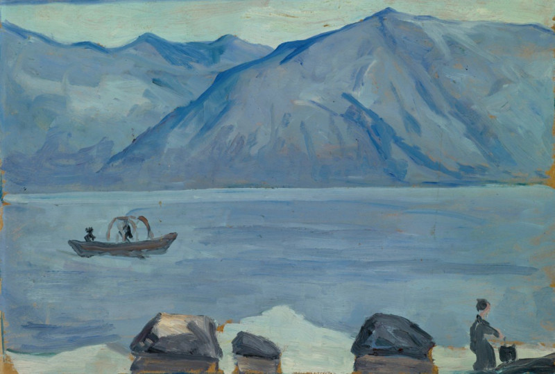 At the Beach of the Lake of Lugano reproduction of painting by Ernst Schiess. ALL GICLEE PRINTS