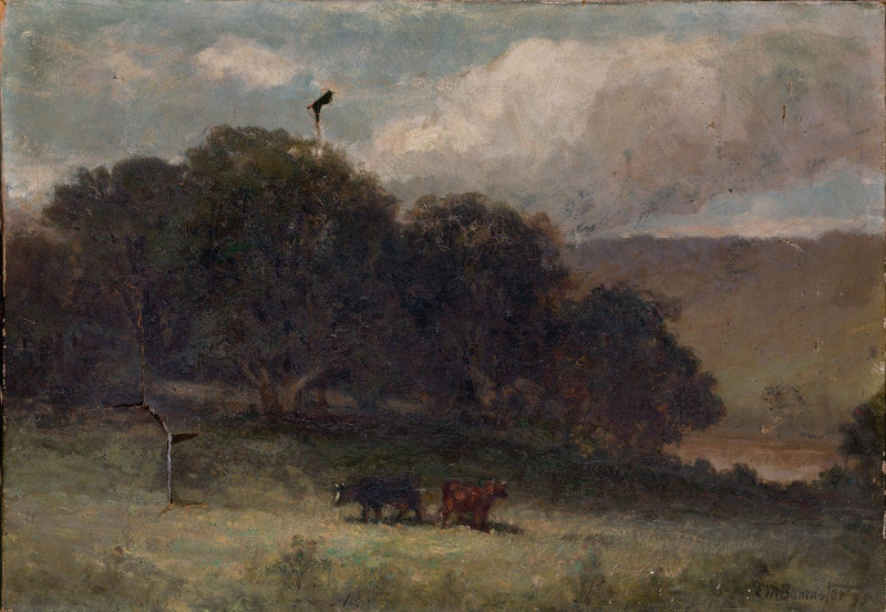 Untitled (landscape with trees and two cows in meadow) (1895) reproduction of painting by Edward Mitchell Bannister. ALL GICL...