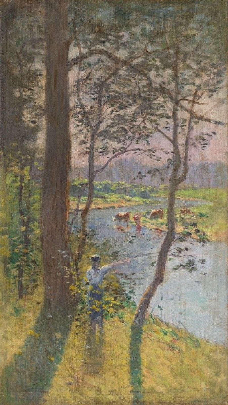 Landscape with a River and Cattle Watering (1900) reproduction of painting by Ferdinand Katona. ALL GICLEE PRINTS