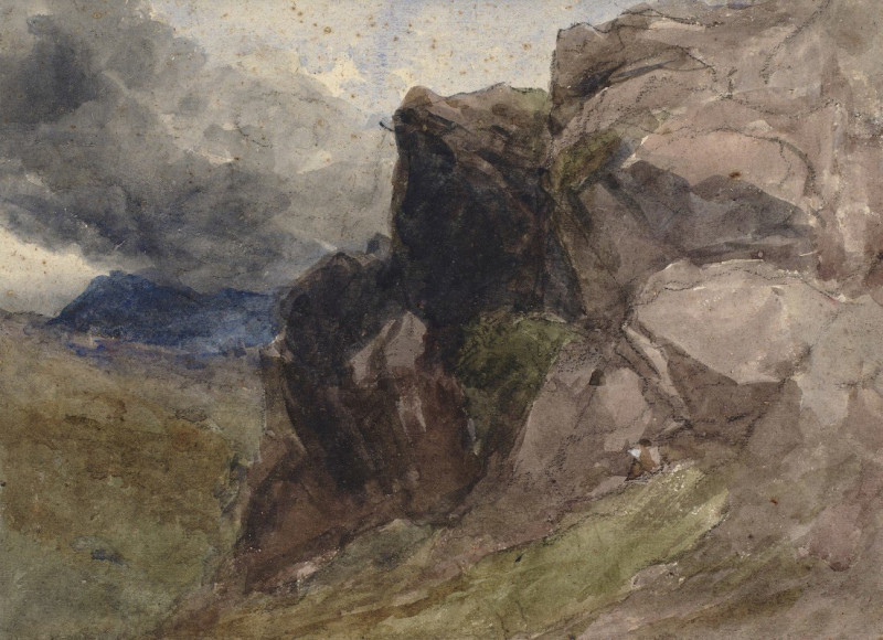 Rocky landscape in Wales with figure drawing in the foreground to the right (1836 – 1859) reproduction of painting by David C...