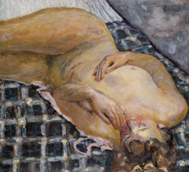 Reclining Nude against a White and Blue Plaid (ca. 1909) reproduction of painting by Pierre Bonnard. Nude