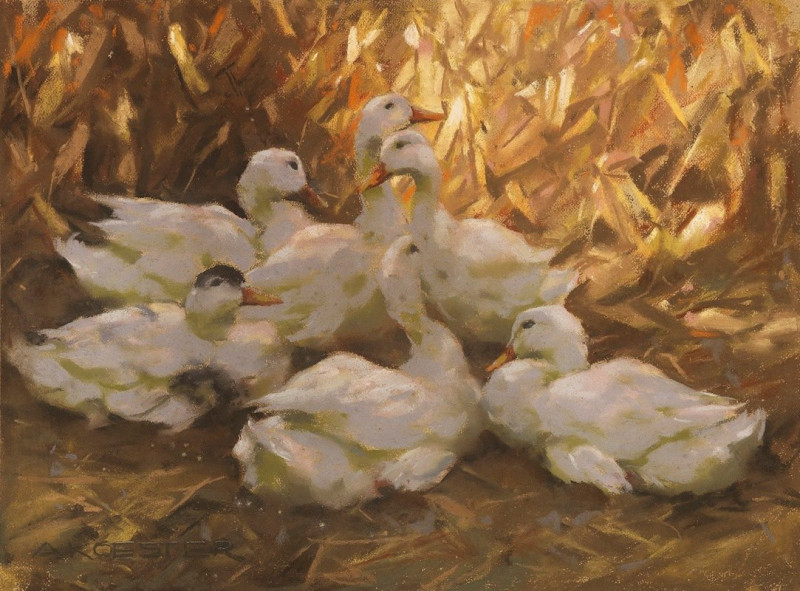 Sechs Enten im Stroh (1900) reproduction of painting by Alexander Koester. ALL GICLEE PRINTS